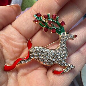 Reindeer Brooch Silver Rhinestone Holiday Pin Red Green Enamel